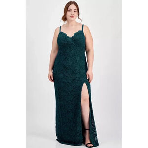 City Studios Plus Size 14W Glitter Lace Spaghetti-Strap Gown Green MSRP $149
